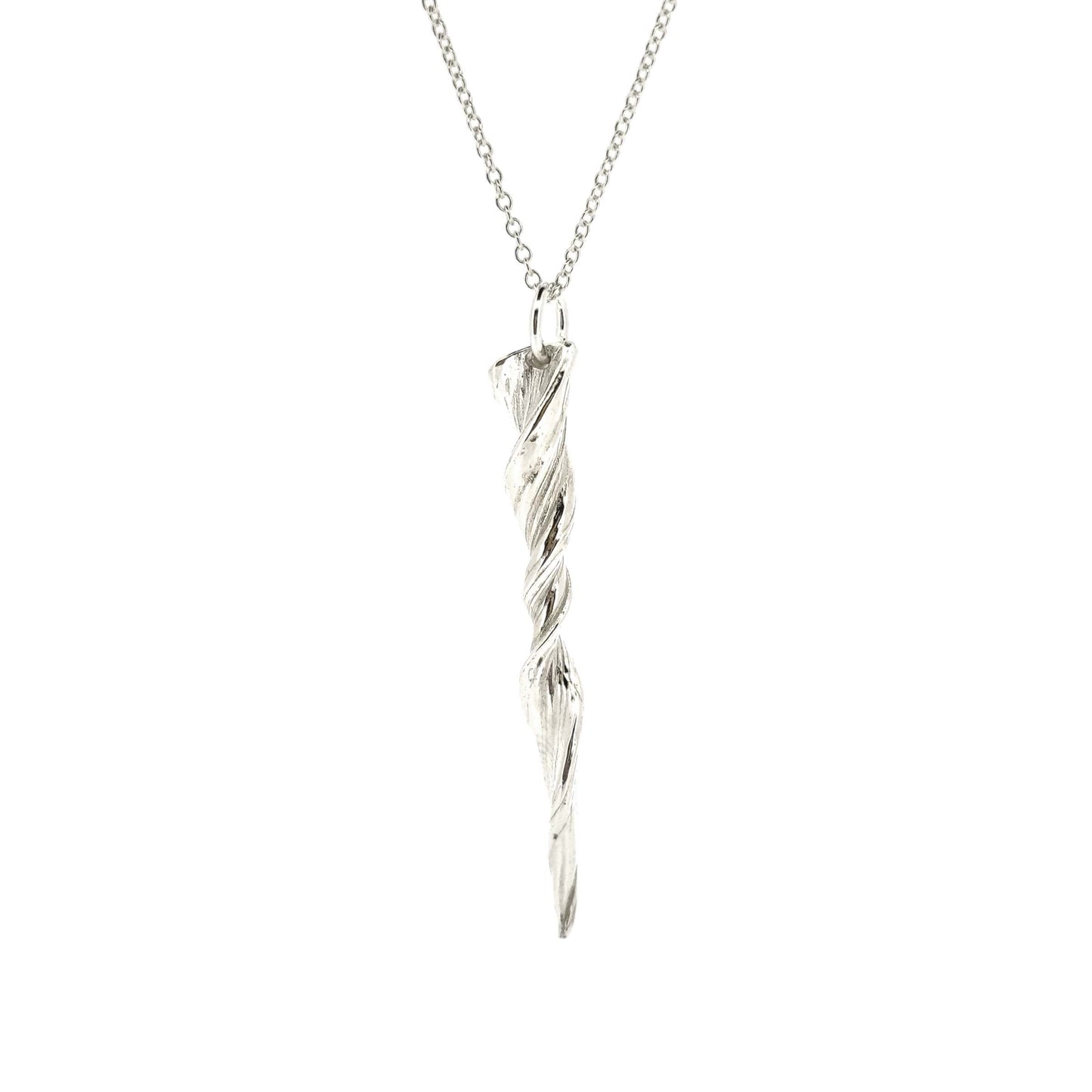 A silver twist pendant with line pattern on a silver chain.