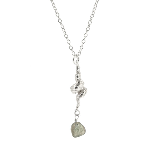 Silver twisted pendant with striations and a labradorite gemstone bead, on a silver chain.