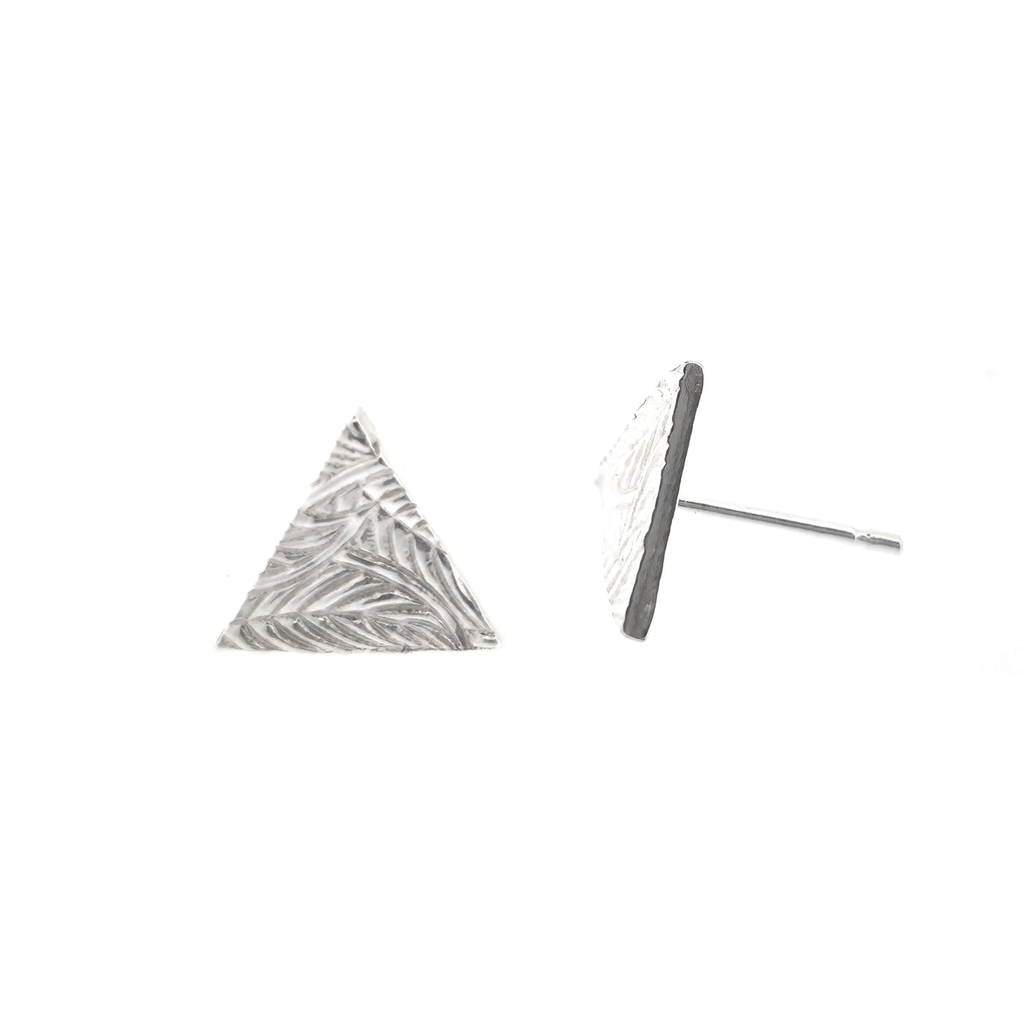 Sterling silver triangle stud earrings with a line leaf pattern.