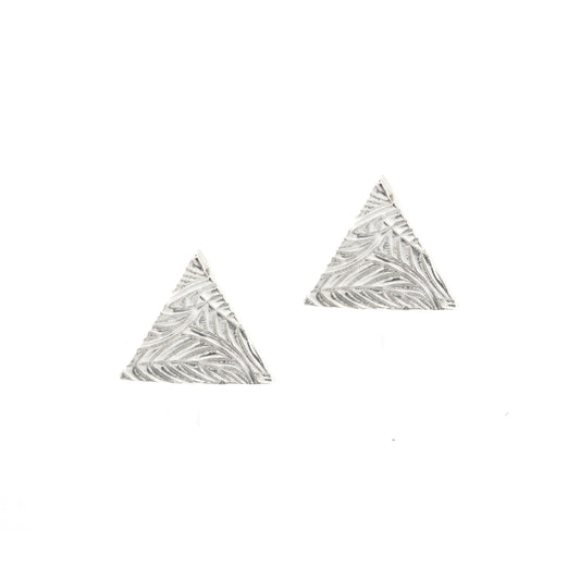 Sterling silver triangle stud earrings with a line leaf pattern.