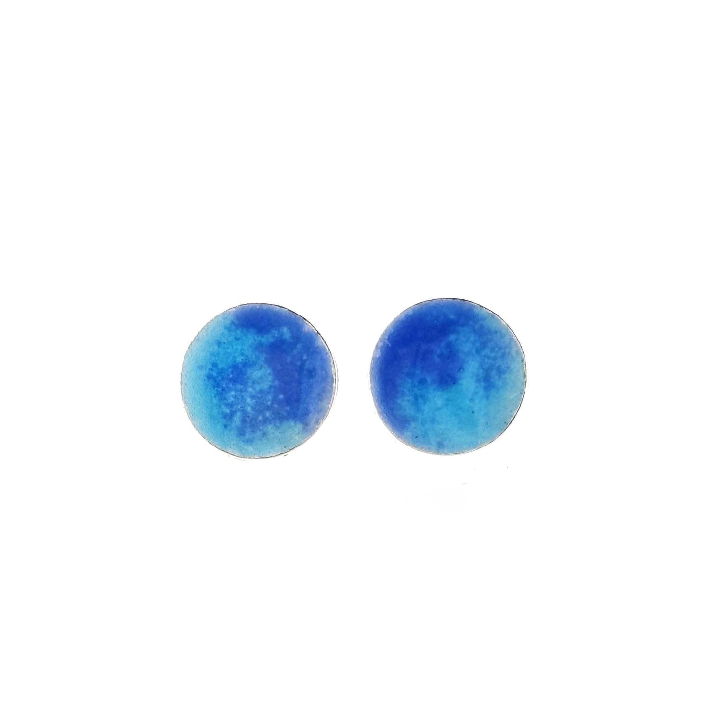 Round silver stud earrings with a mix of blue enamels.