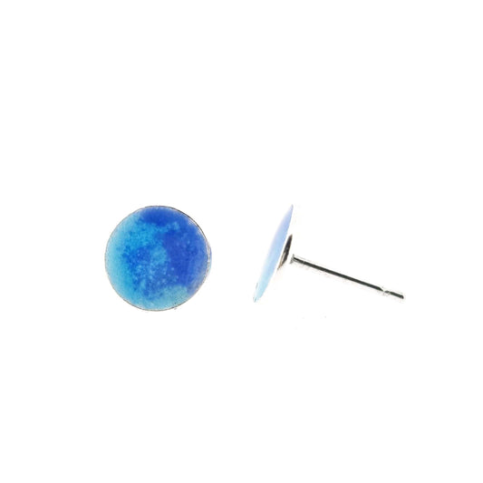 Round silver stud earrings with a mix of blue enamels.