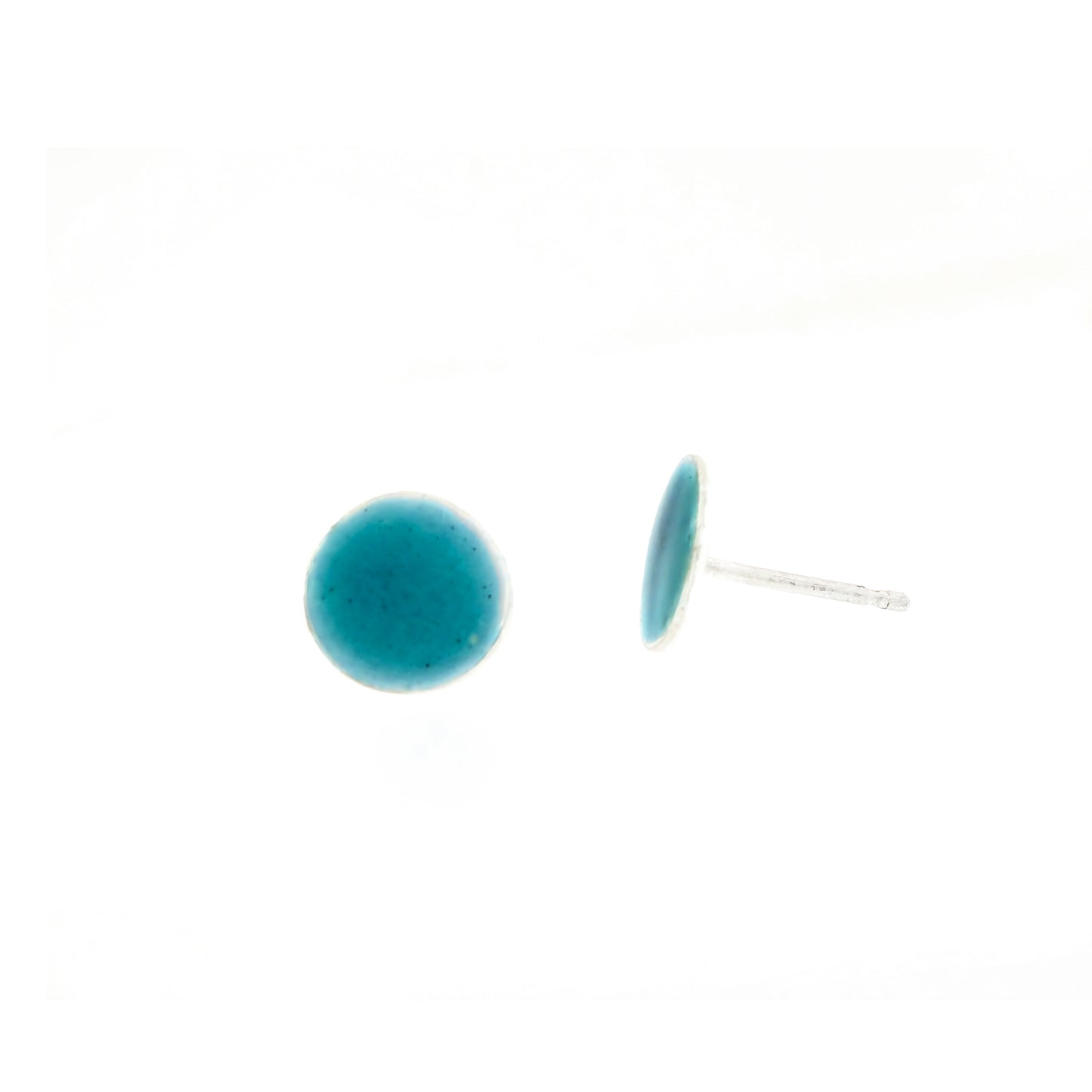 Silver round stud earrings with turquoise enamel.