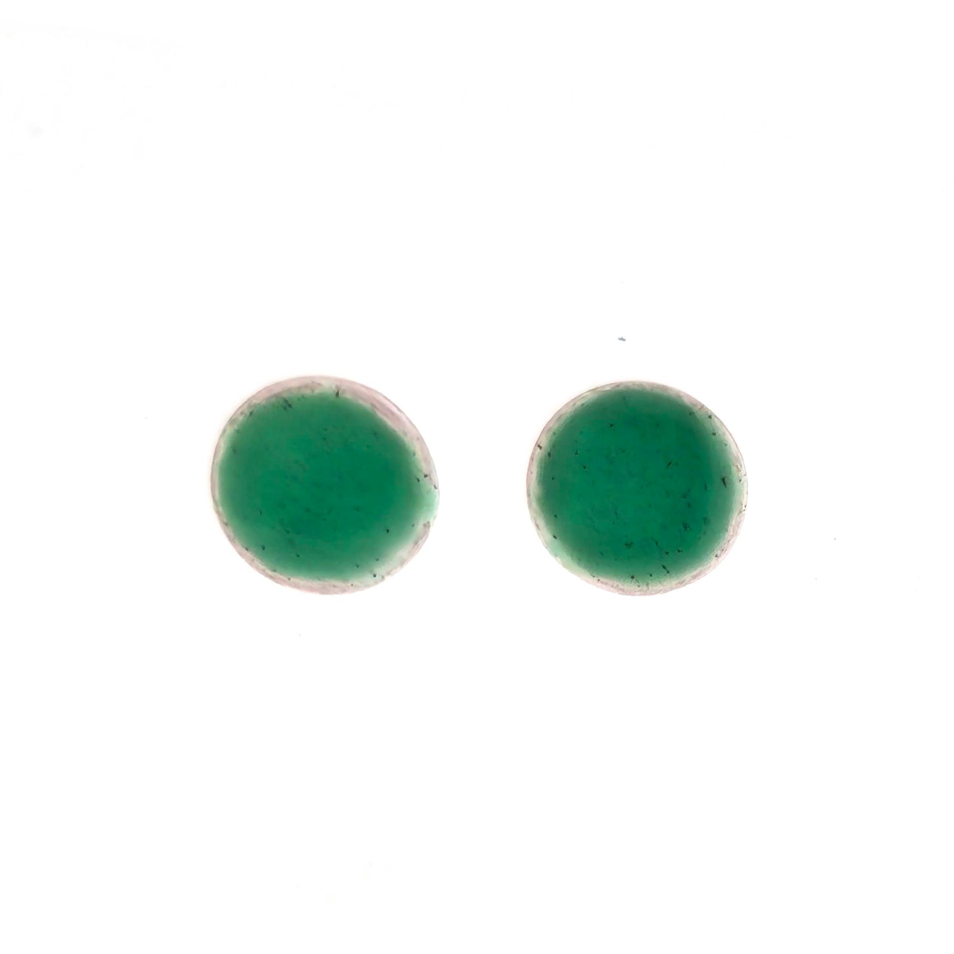 Round silver stud earrings with light green enamel.