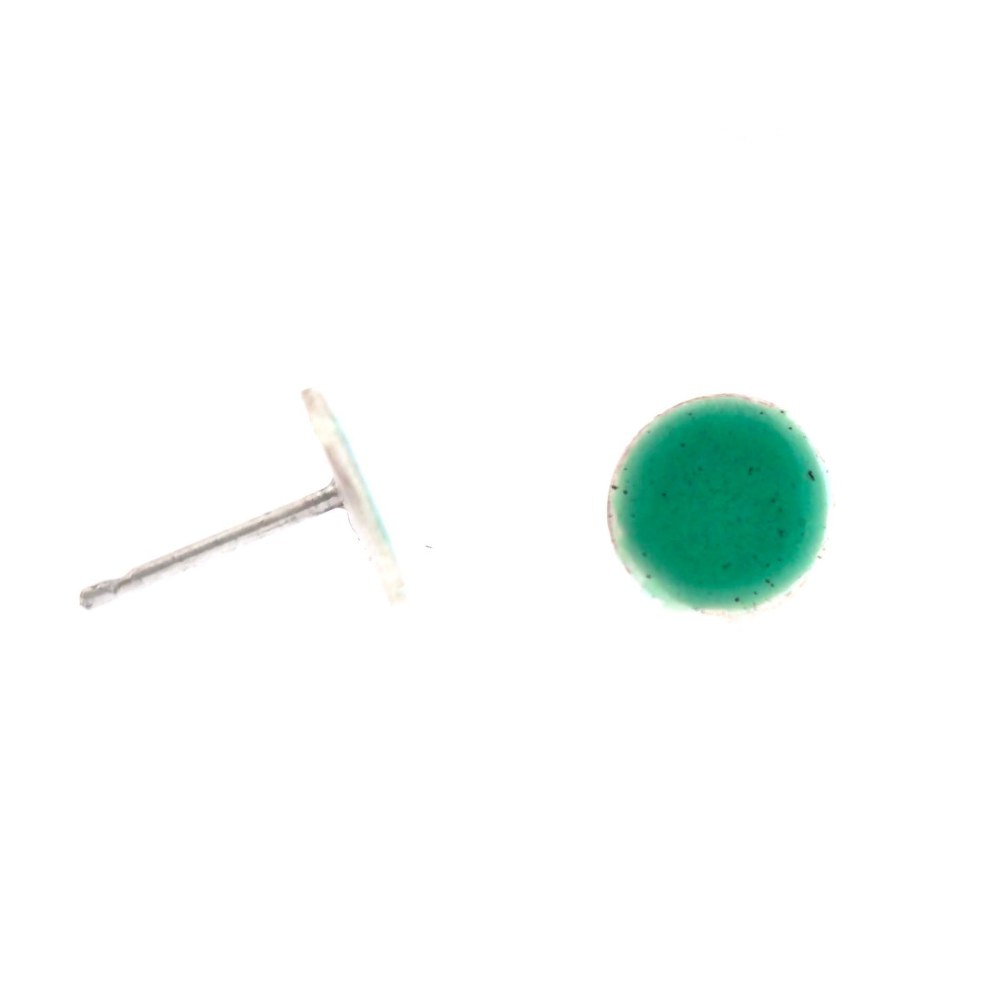 Round silver stud earrings with light green enamel.
