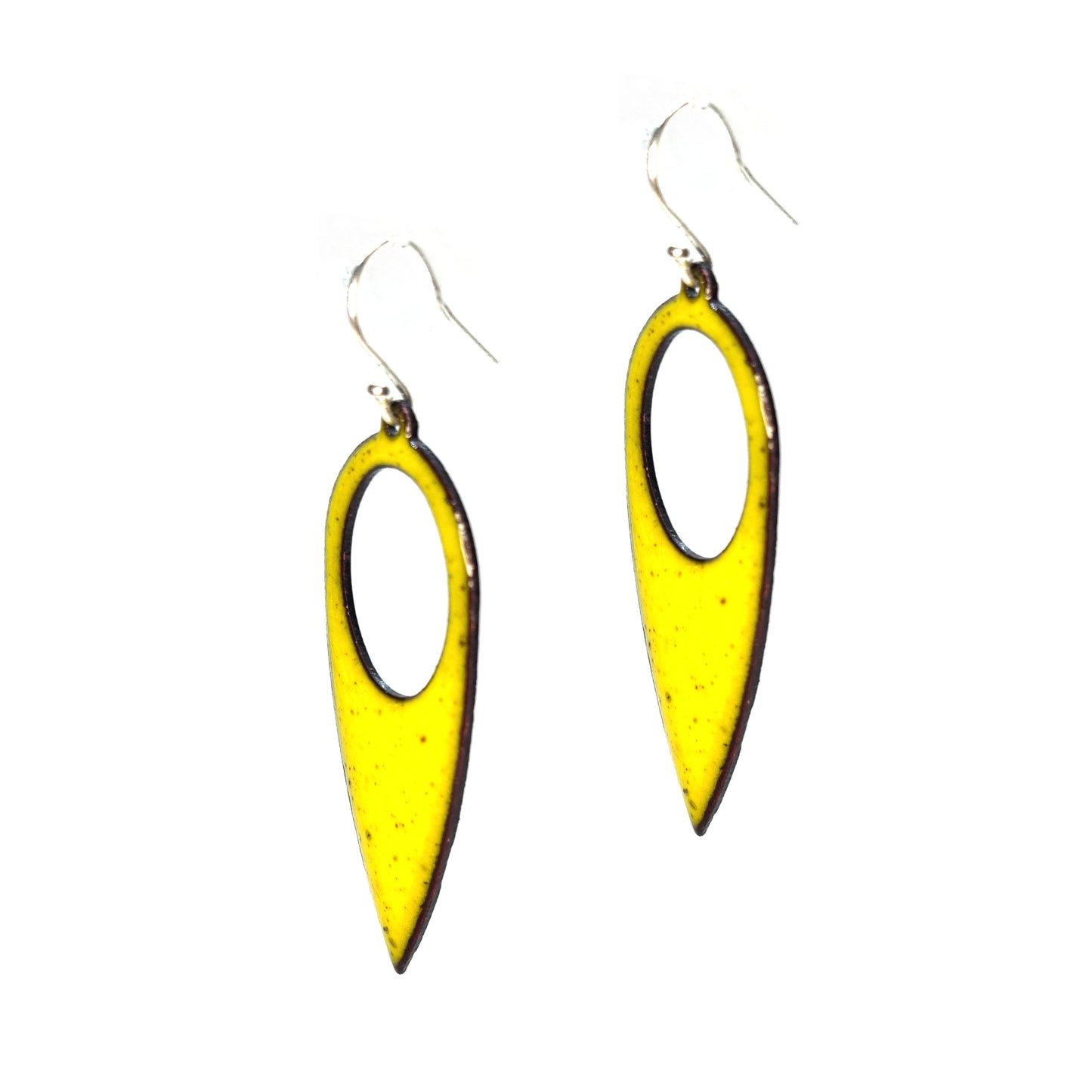 Yellow enamel teardrop shaped drop earrings with a cut out hole. On silver ear wires.