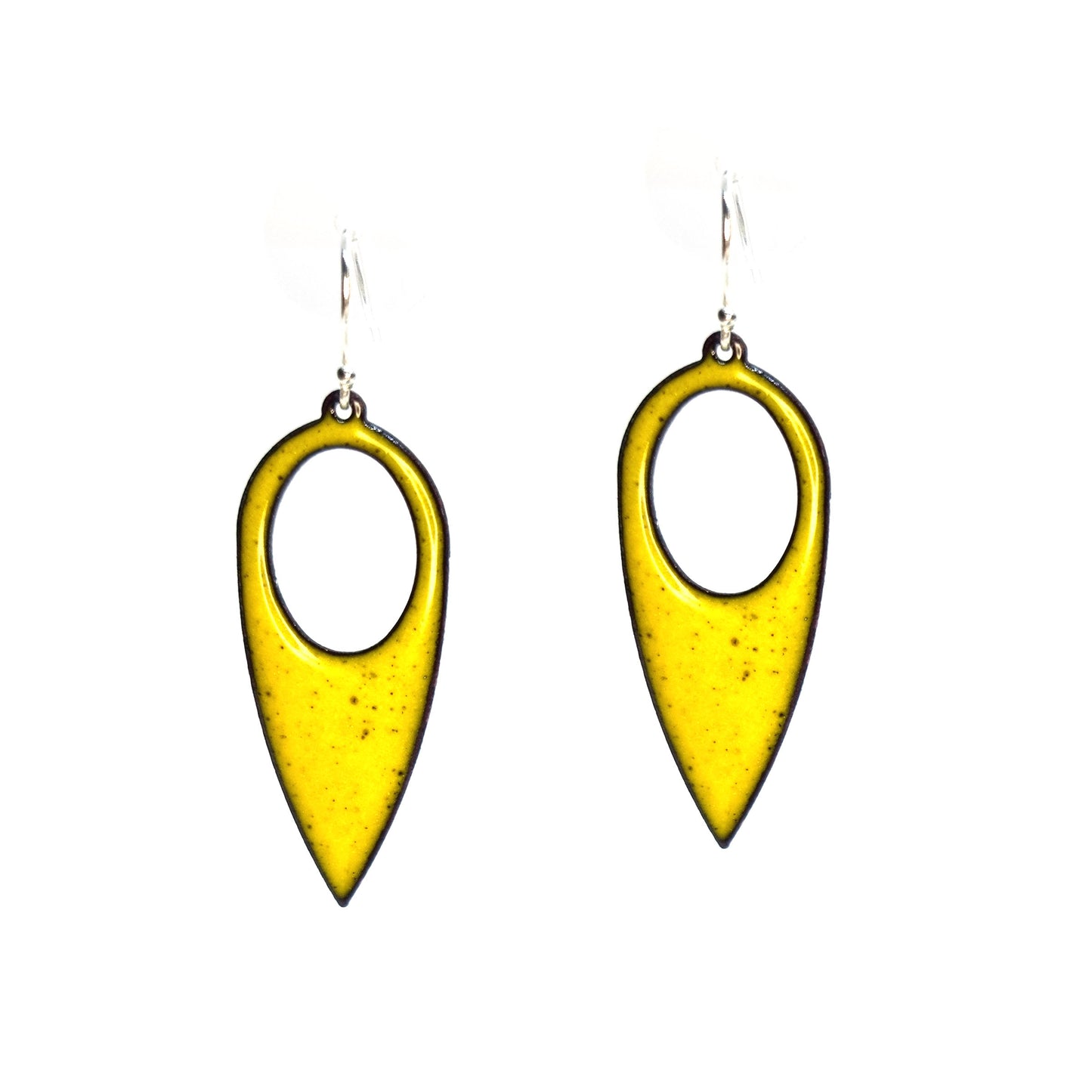 Yellow enamel teardrop shaped drop earrings with a cut out hole. On silver ear wires.