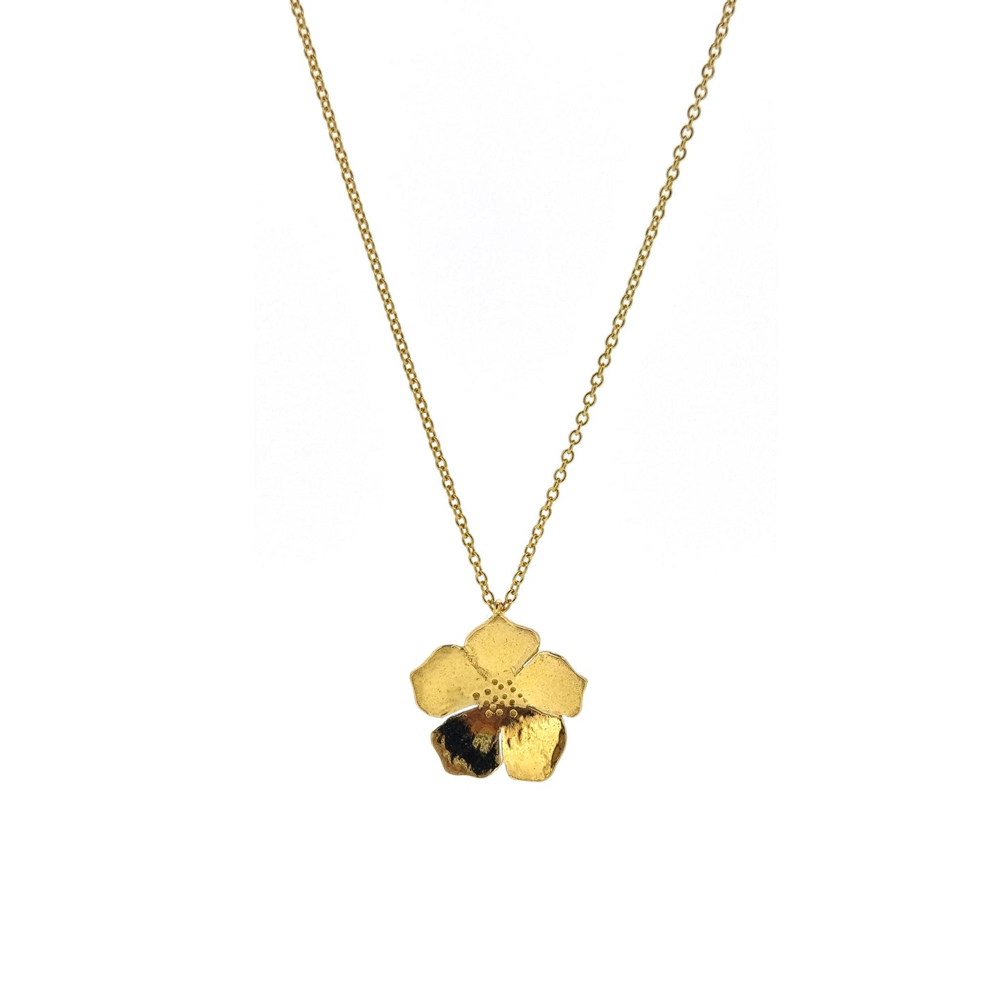 A yellow gold vermeil 5 petal flower pendant on a yellow gold vermeil chain. Medium