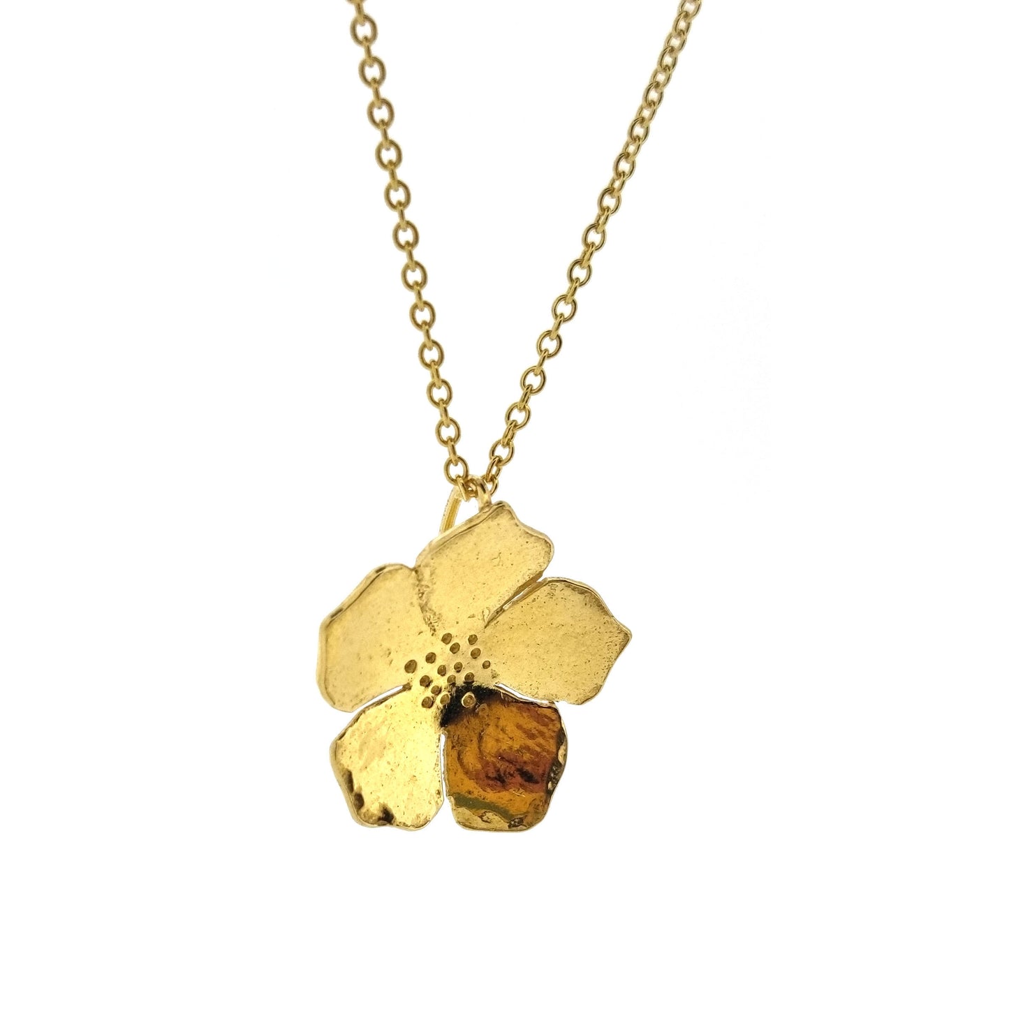 A yellow gold vermeil 5 petal flower pendant on a yellow gold vermeil chain. Medium