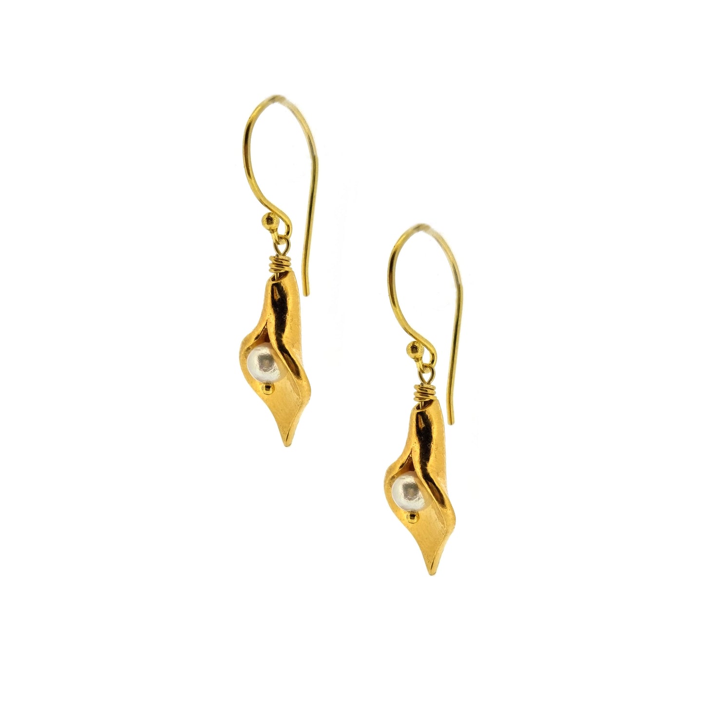 Yellow gold vermeil cala lily drop earrings with freshwater pearls.