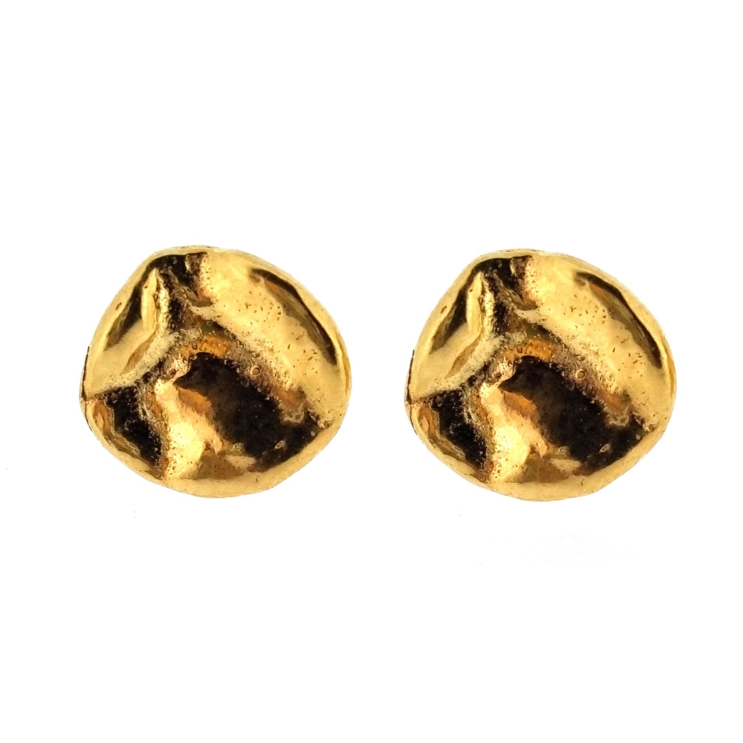 Yellow gold vermeil round stud earrings with a crumpled textured surface.