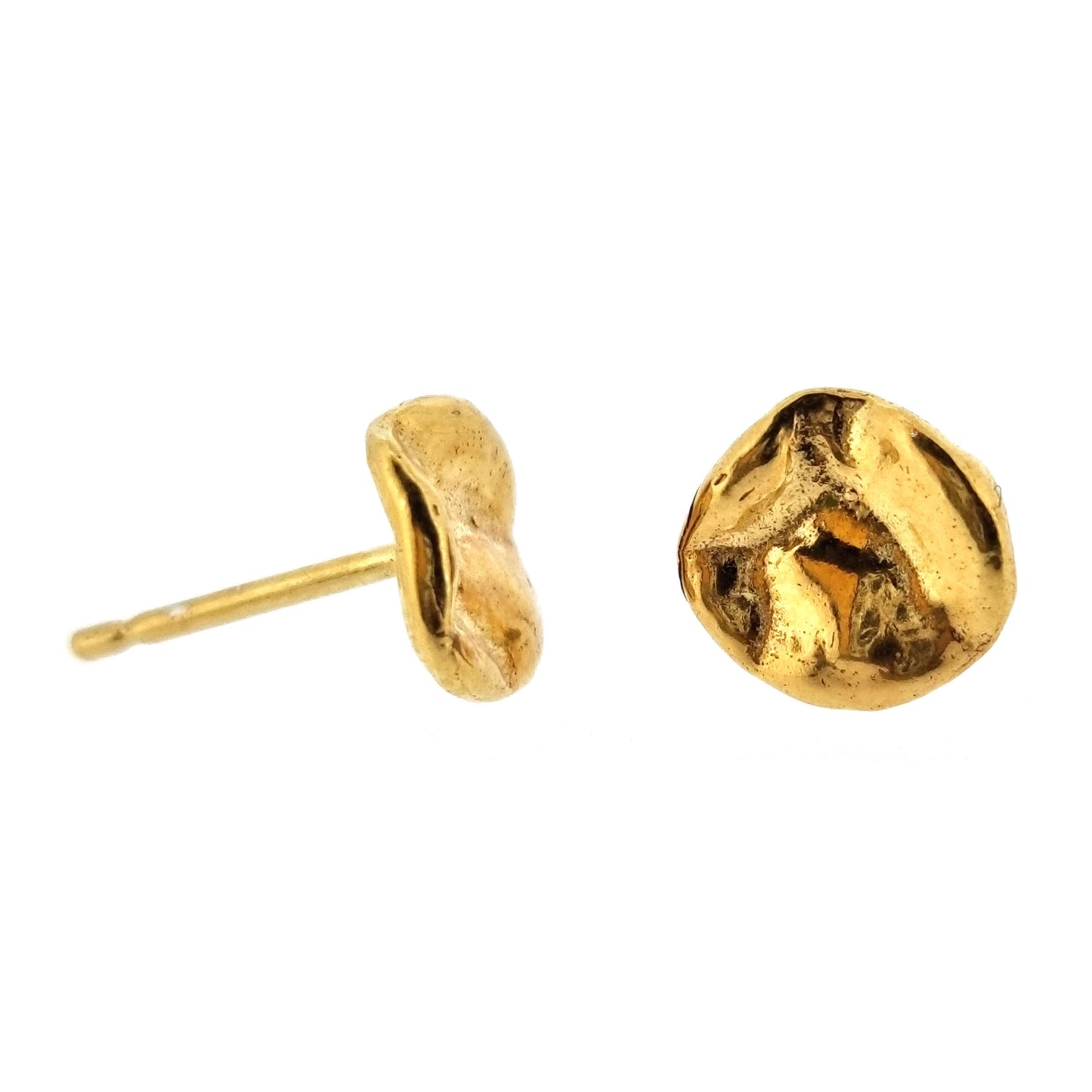 Yellow gold vermeil round stud earrings with a crumpled textured surface.