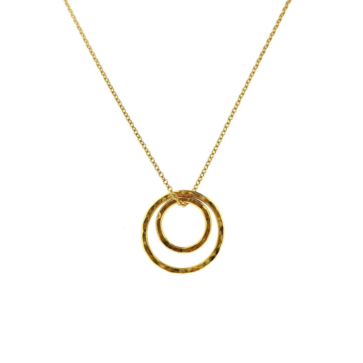 Yellow gold vermeil double open circle pendant on a yellow gold vermeil chain.
