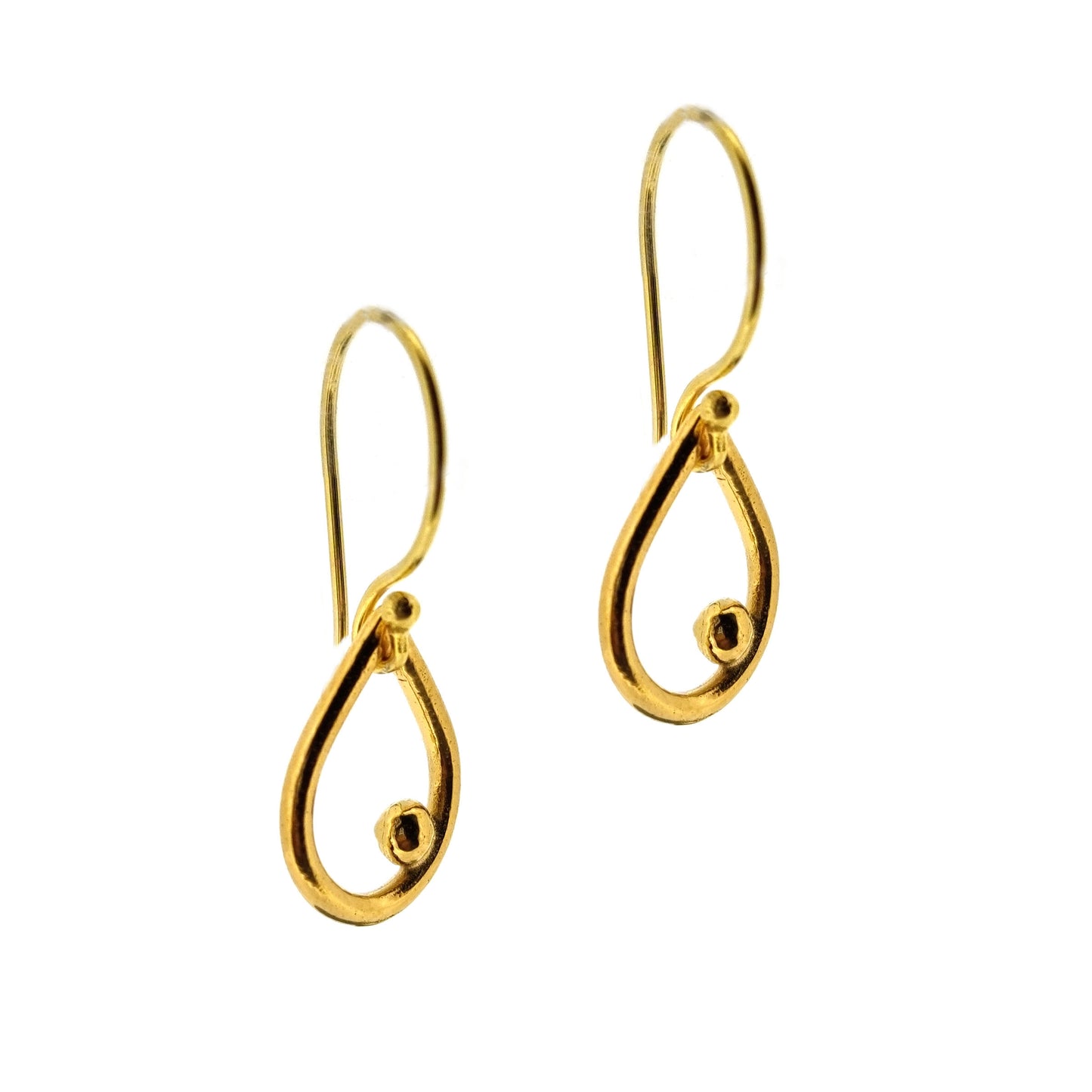 Yellow gold vermeil open teardrop with off-center ball drop earrings. Small