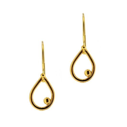 Yellow gold vermeil open teardrop with off-center ball drop earrings. Small