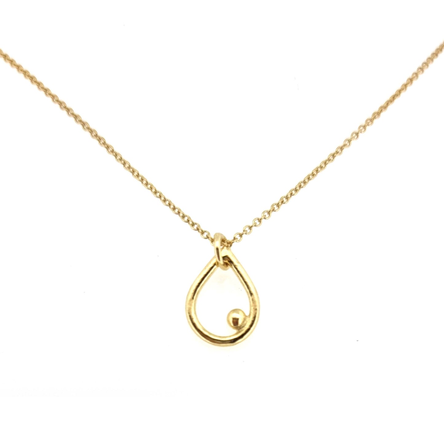 Yellow gold vermeil open teardrop shaped pendant with an off-centre ball on a yellow gold vermeil chain.