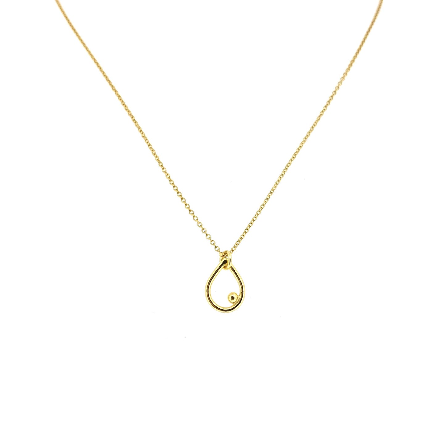 Yellow gold vermeil open teardrop shaped pendant with an off-centre ball on a yellow gold vermeil chain.