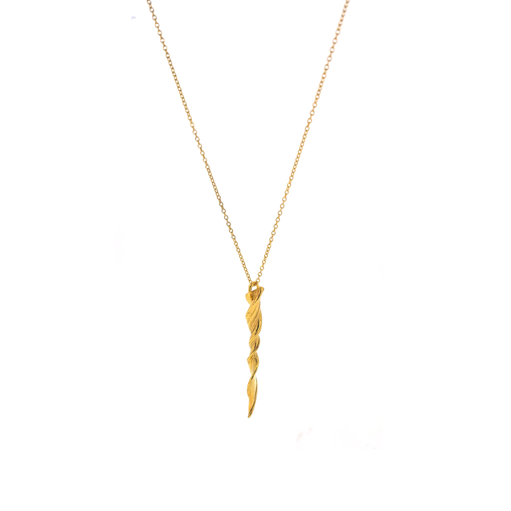 A yellow gold vermeil twist pendant suspended on a yellow gold vermeil chain.