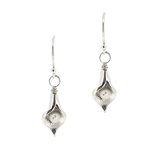 Silver calla lily drop earrings with pearls in the centre. - small