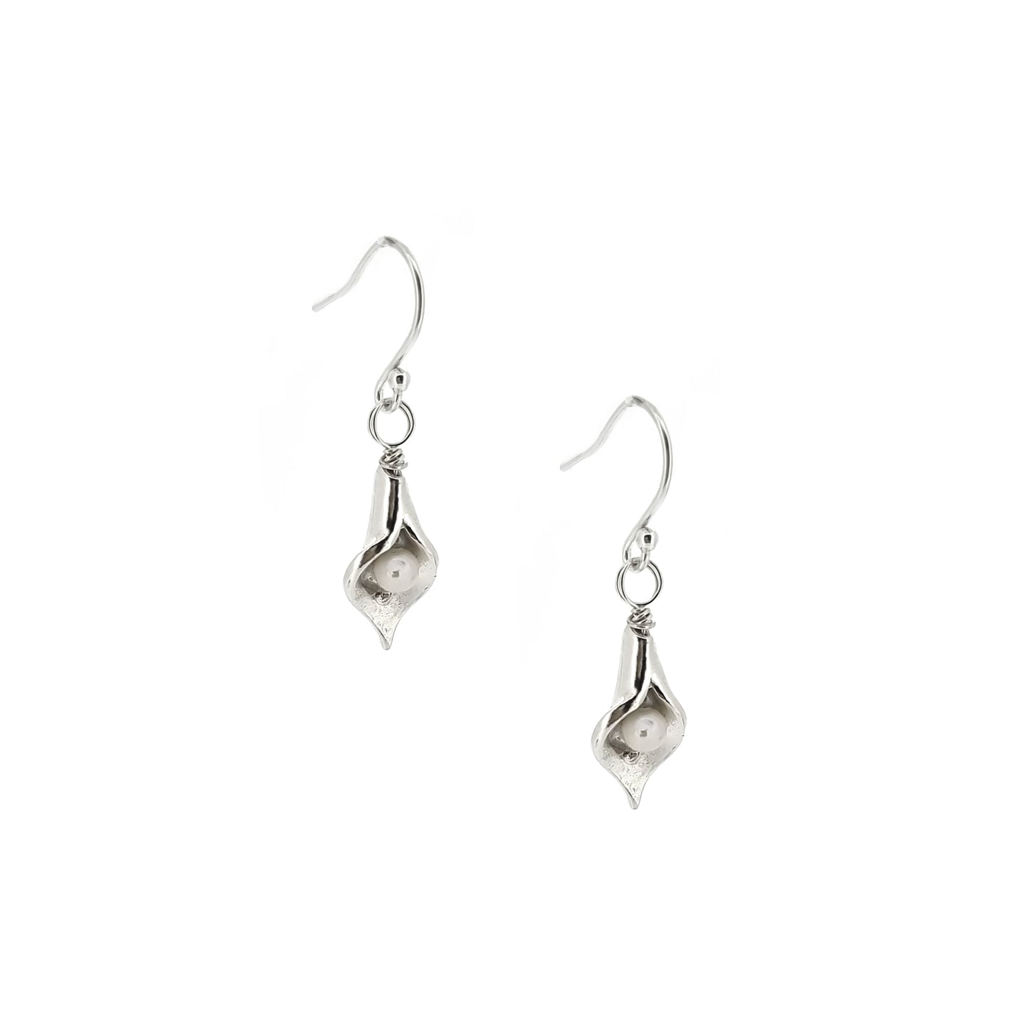 Silver calla lily drop earrings with pearls in the centre. - small