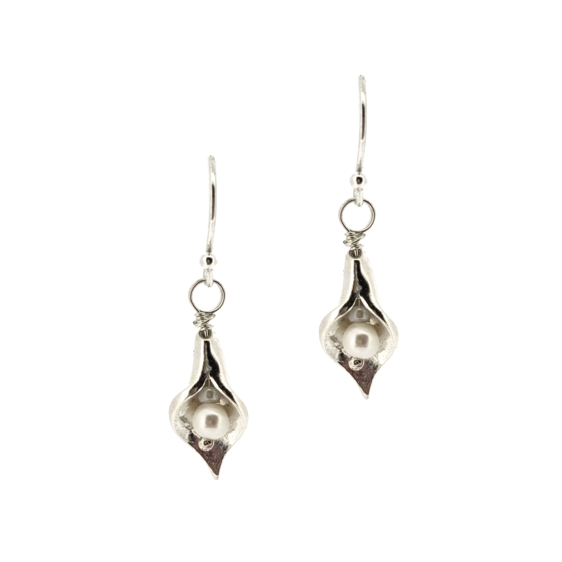 Silver calla lily drop earrings with pearls in the centre. - small