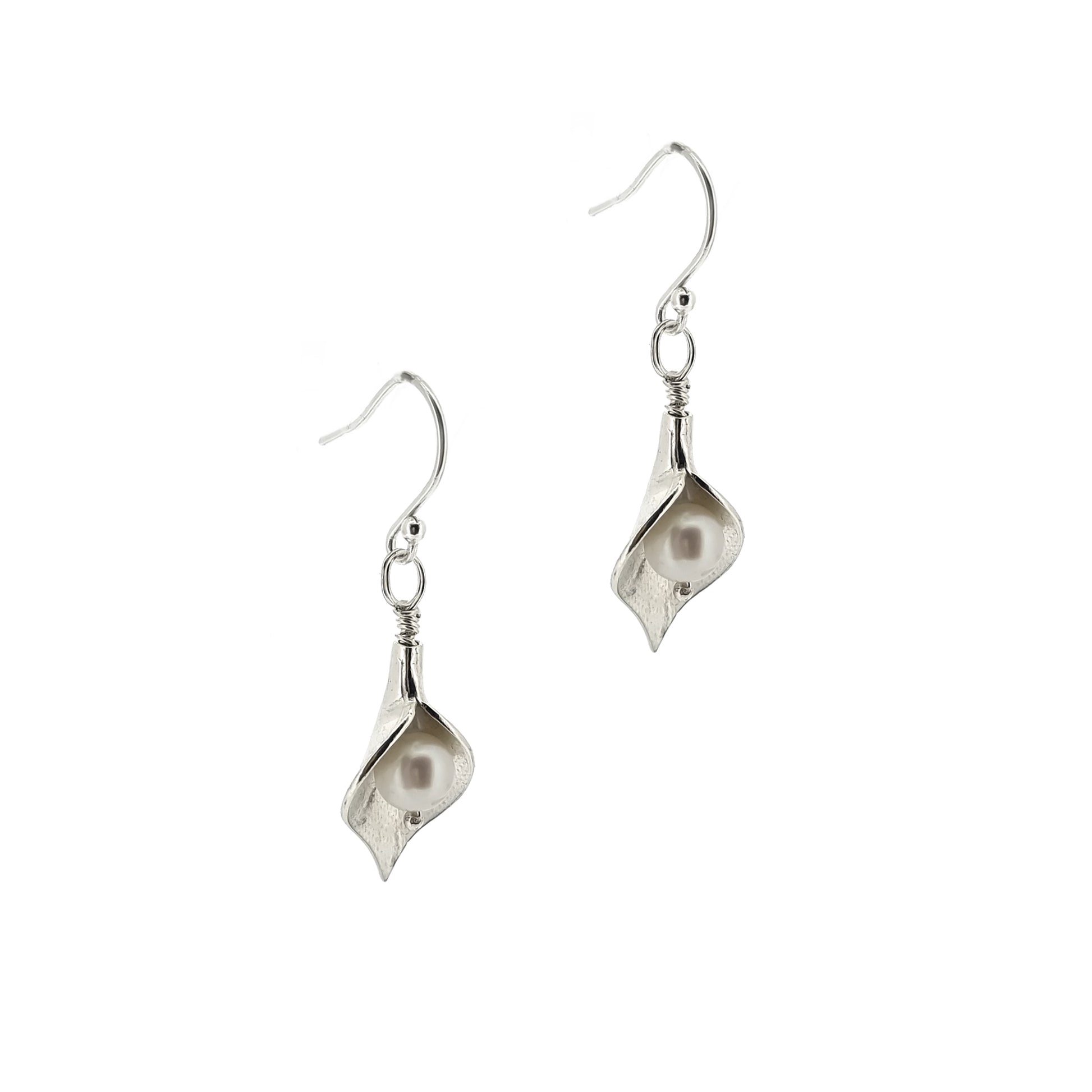 Silver calla lily drop earrings with pearls in the centre. - large