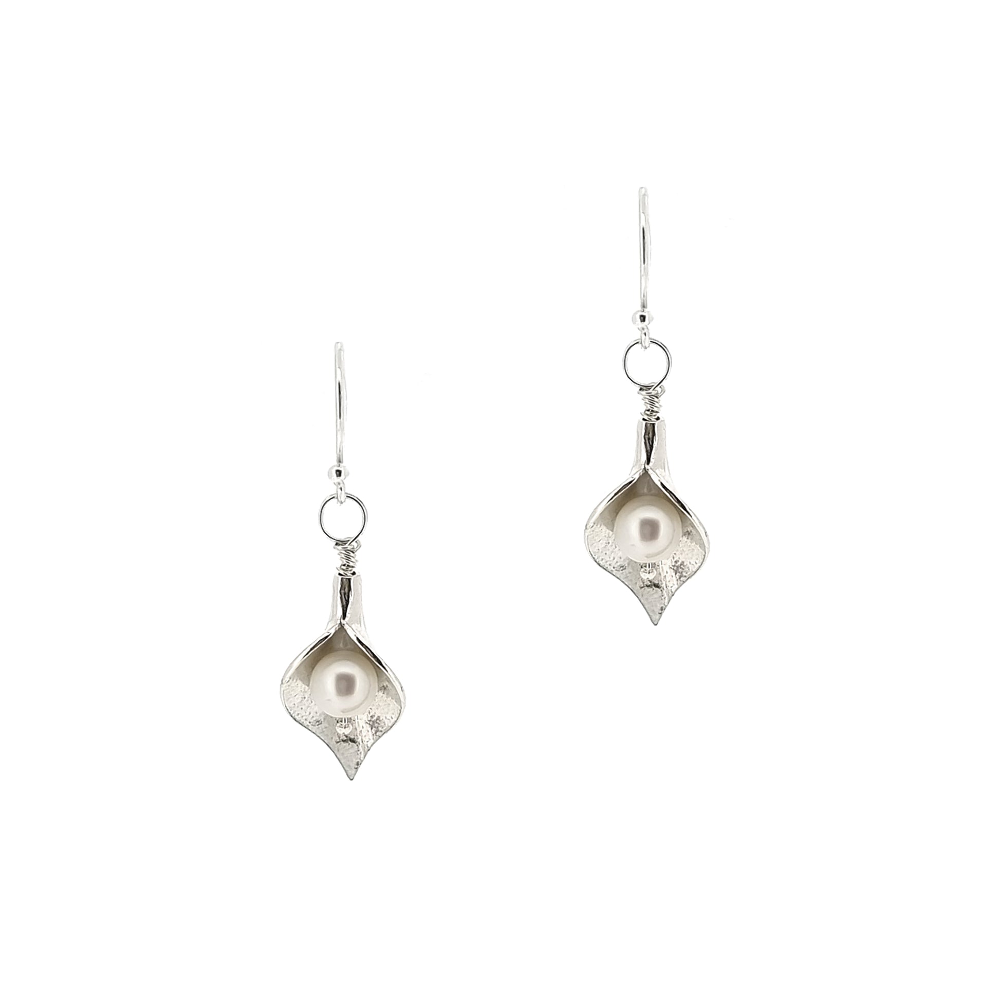 Silver calla lily drop earrings with pearls in the centre. - large