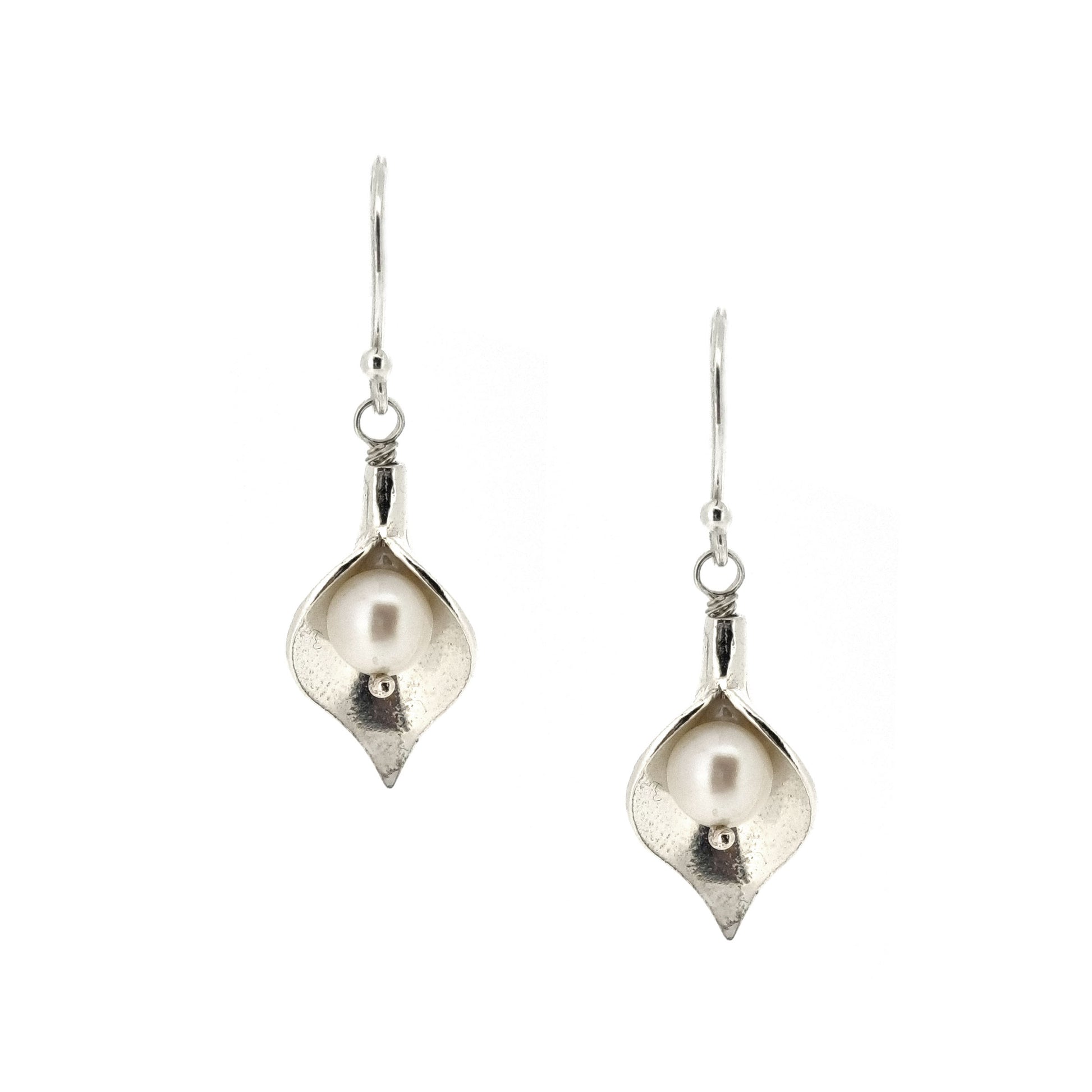 Silver calla lily drop earrings with pearls in the centre. - large