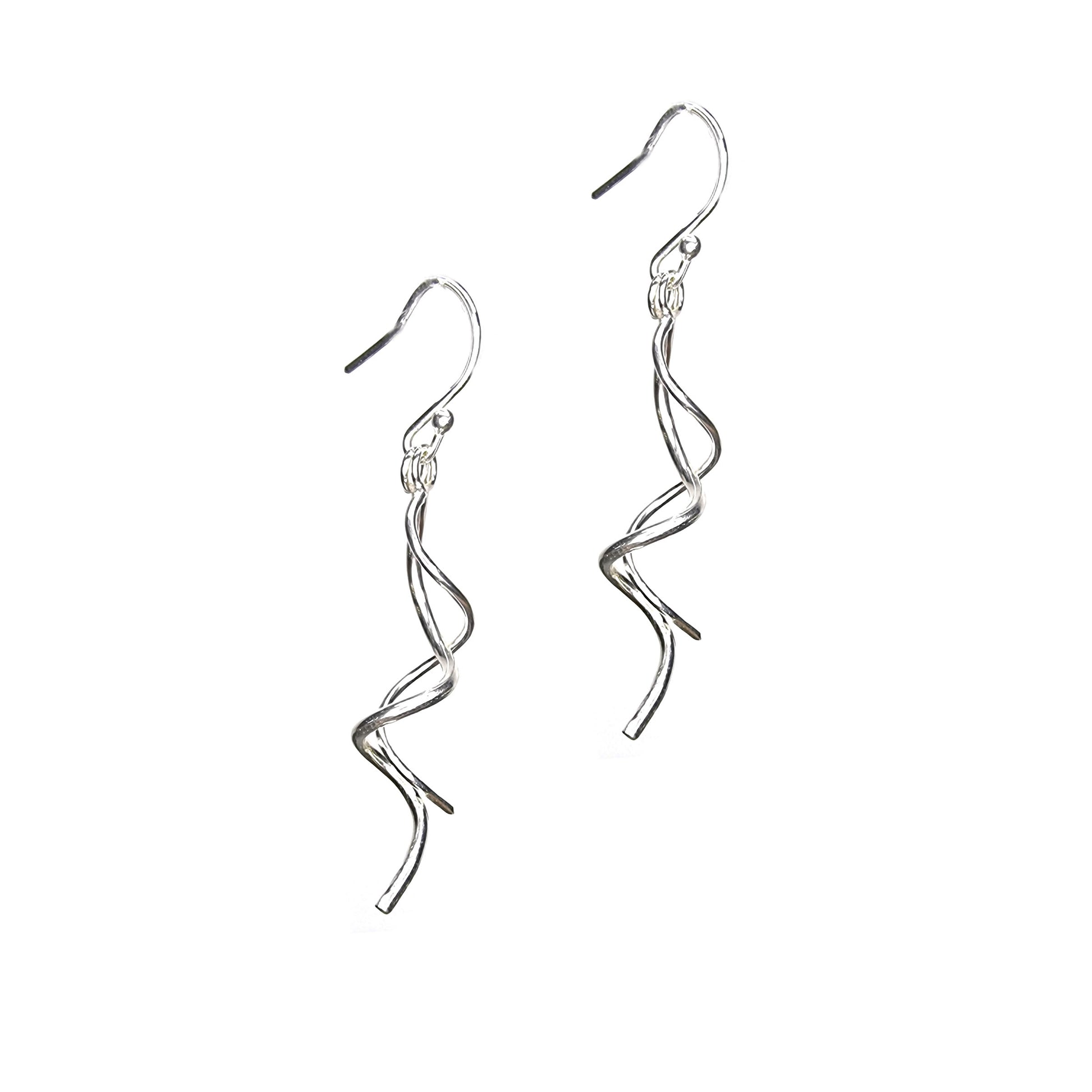 Silver spiral drop earrings featuring 2 curled strands intertwined.