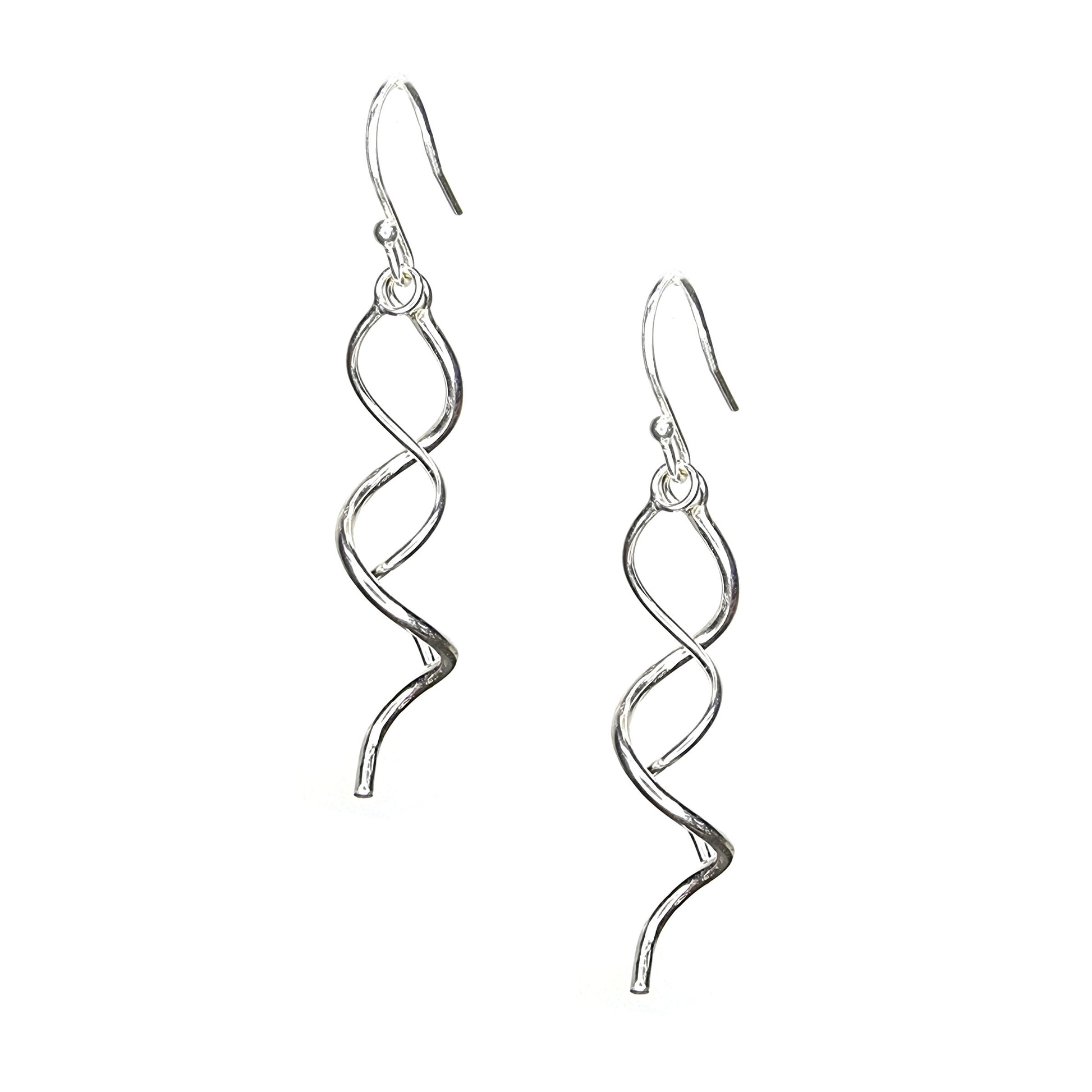 Silver twist drop earrings featuring 2 curled strands intertwined.