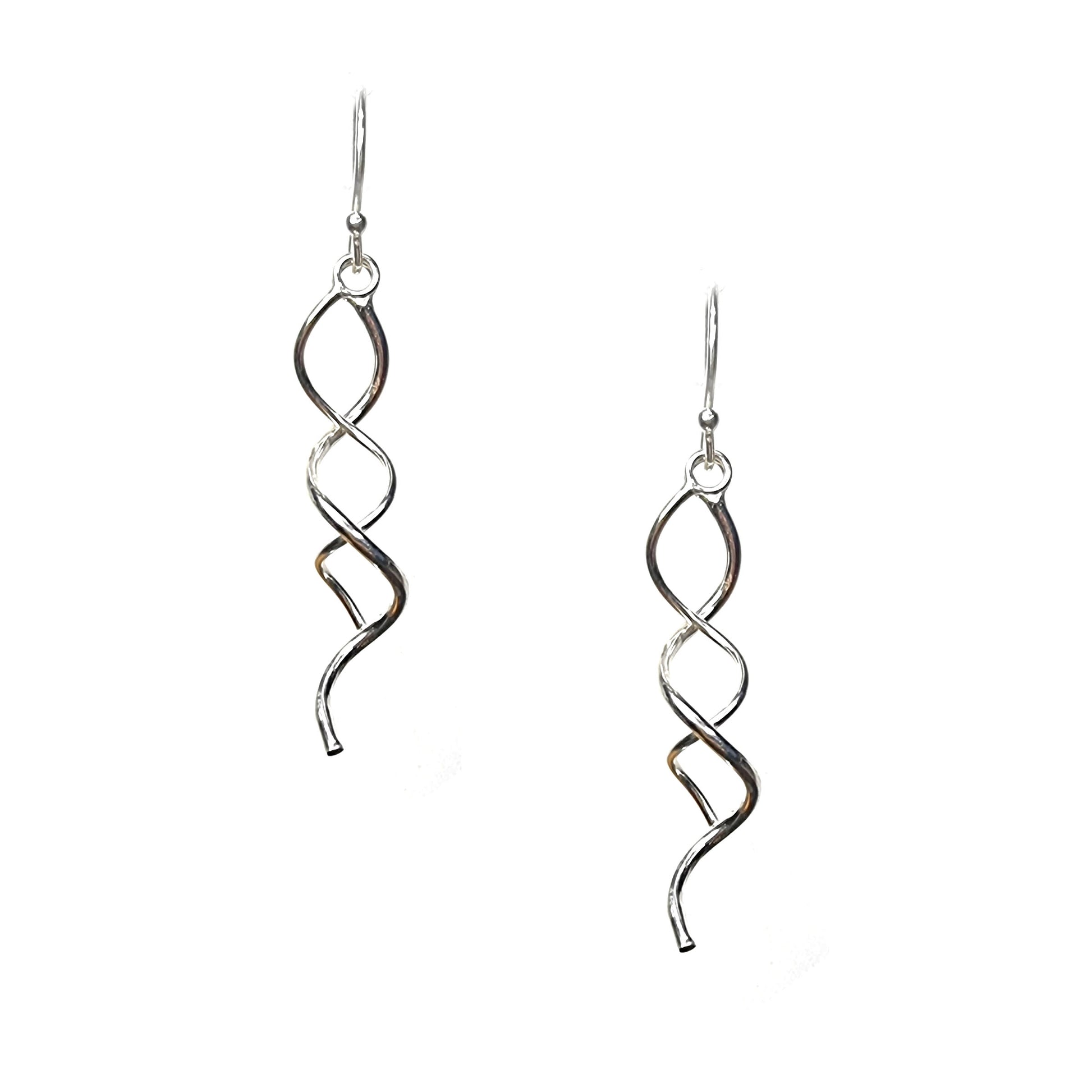 Silver spiral drop earrings featuring 2 curled strands intertwined.