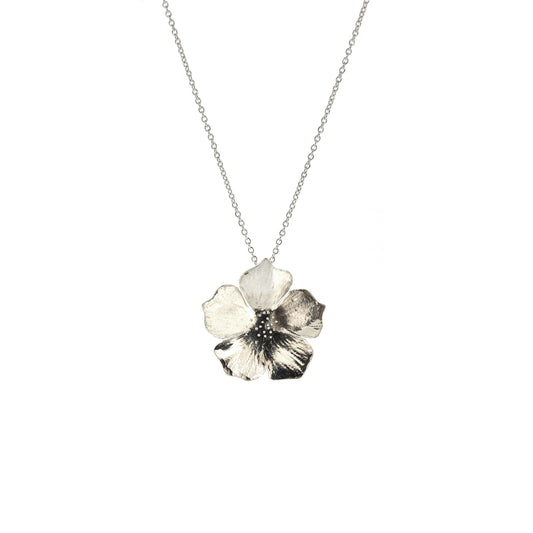 A silver 5 petal flower pendant on silver chain - large
