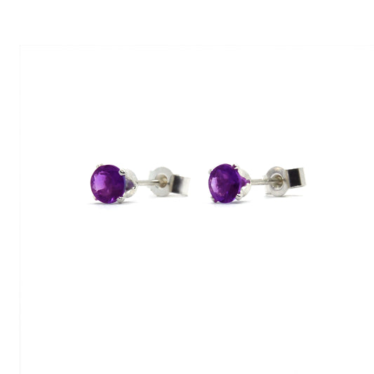 Silver 4 claw stud earrings set with purple amethyst gemstones.