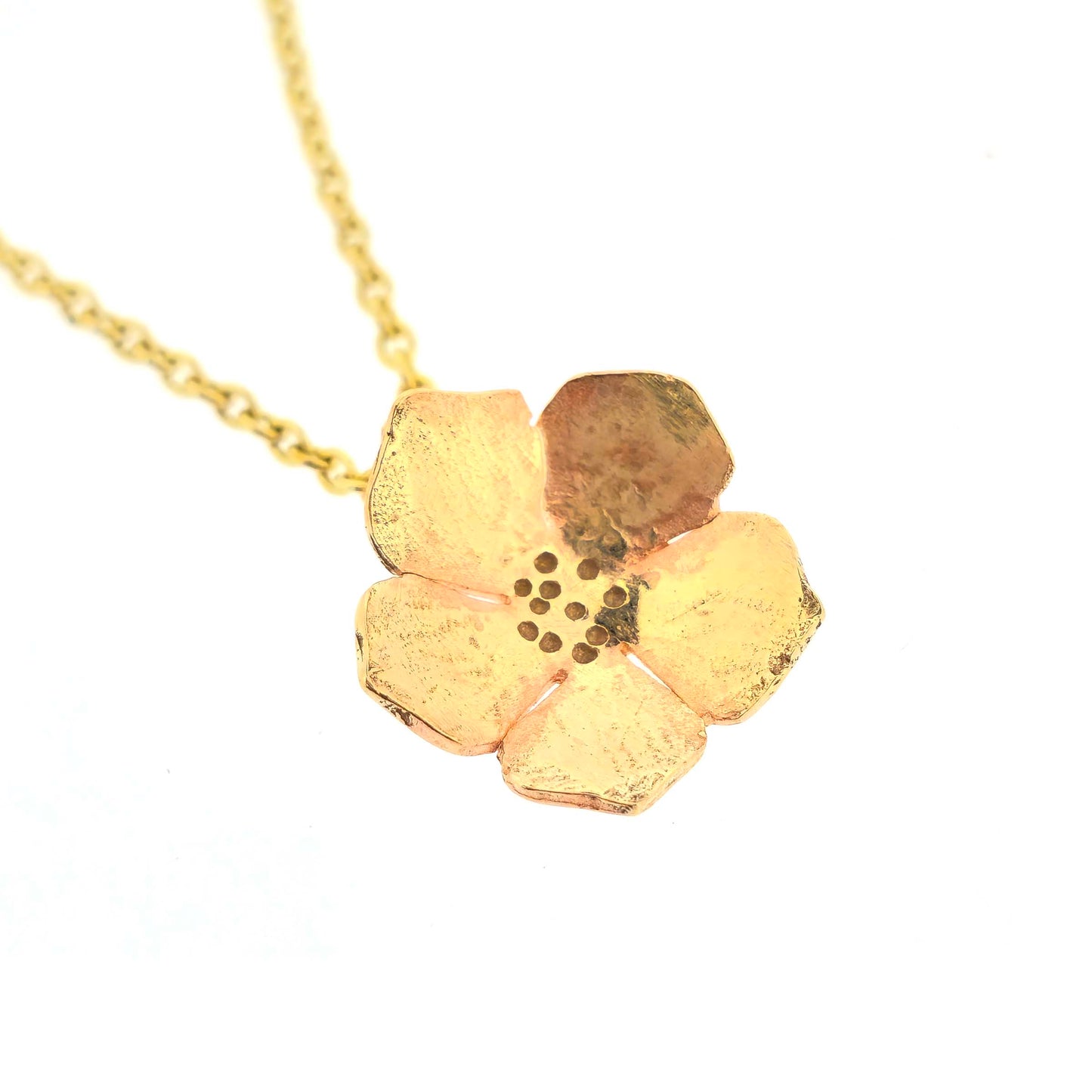 9ct yellow gold necklace chain with a flower pendant on a white background.