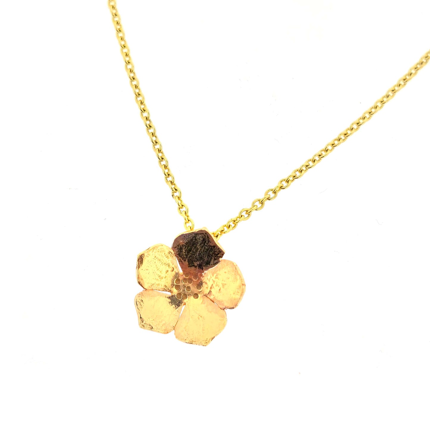 9ct yellow gold necklace chain with a flower pendant on a white background.