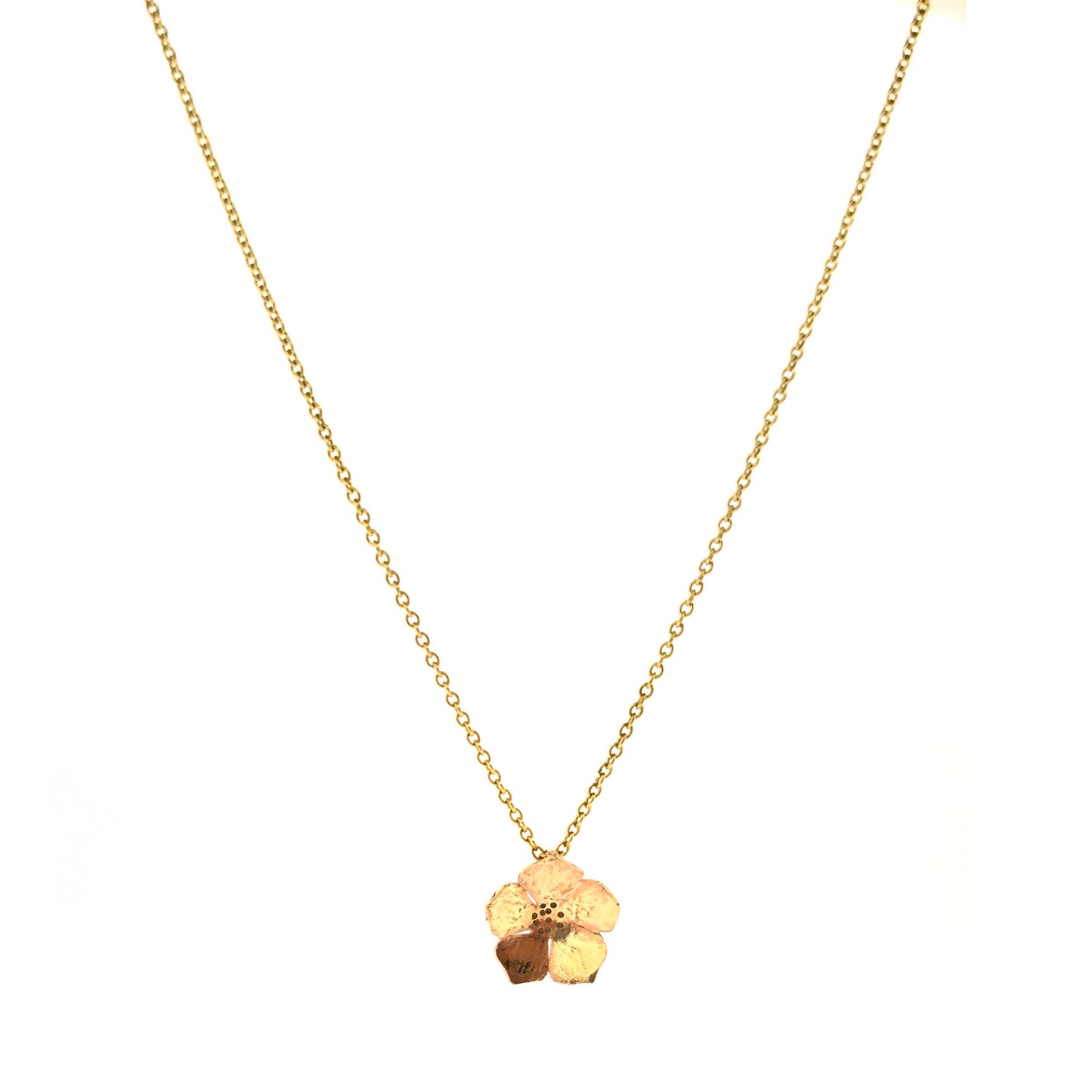 9ct yellow gold necklace chain with a flower pendant on a white background.