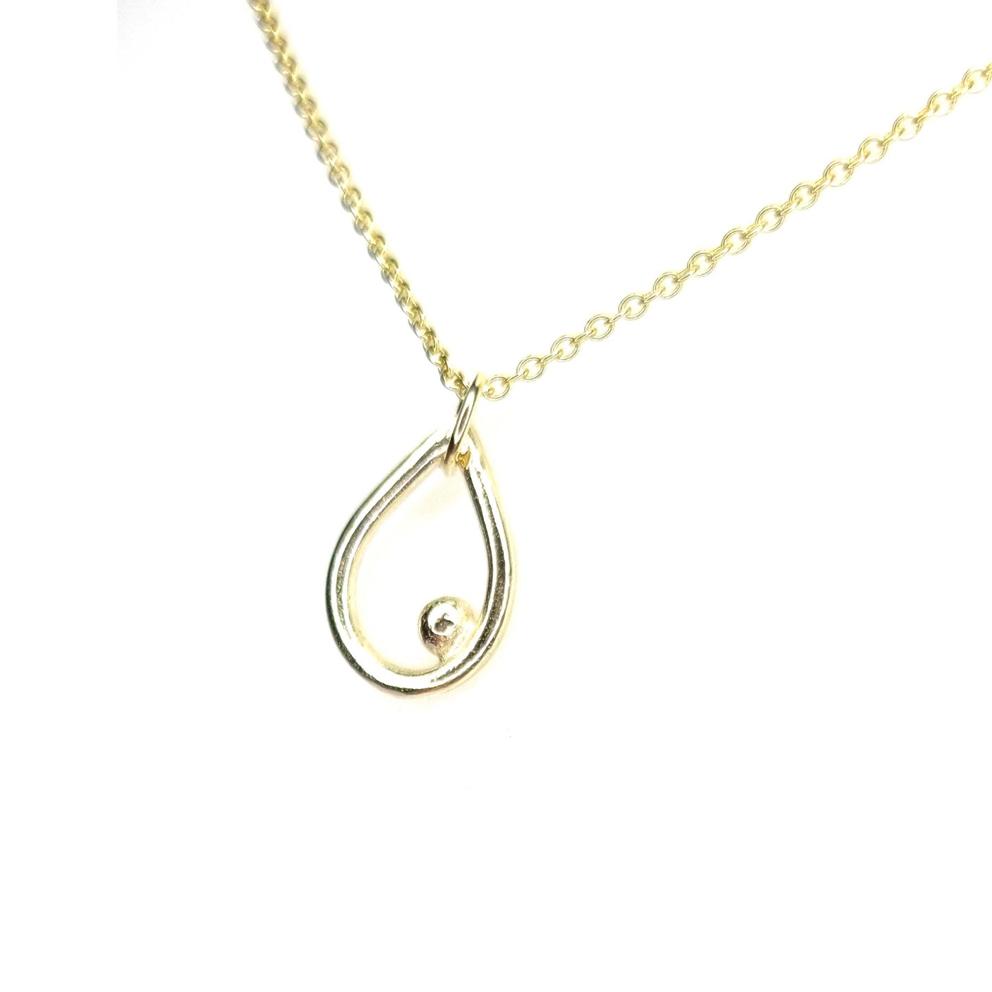 9ct yellow gold open teardrop pendant with off-centre ball on chain