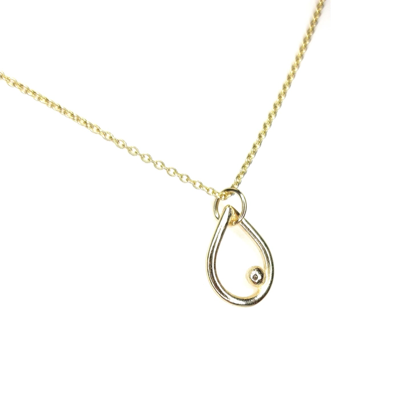 9ct yellow gold open teardrop pendant with off-centre ball on chain