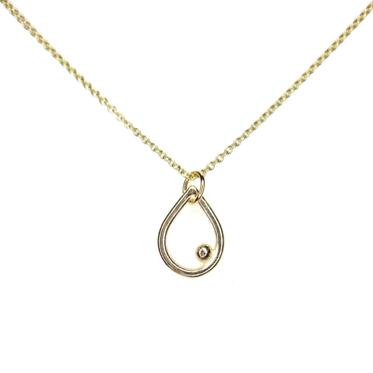 9ct yellow gold open teardrop pendant with off-centre ball on chain
