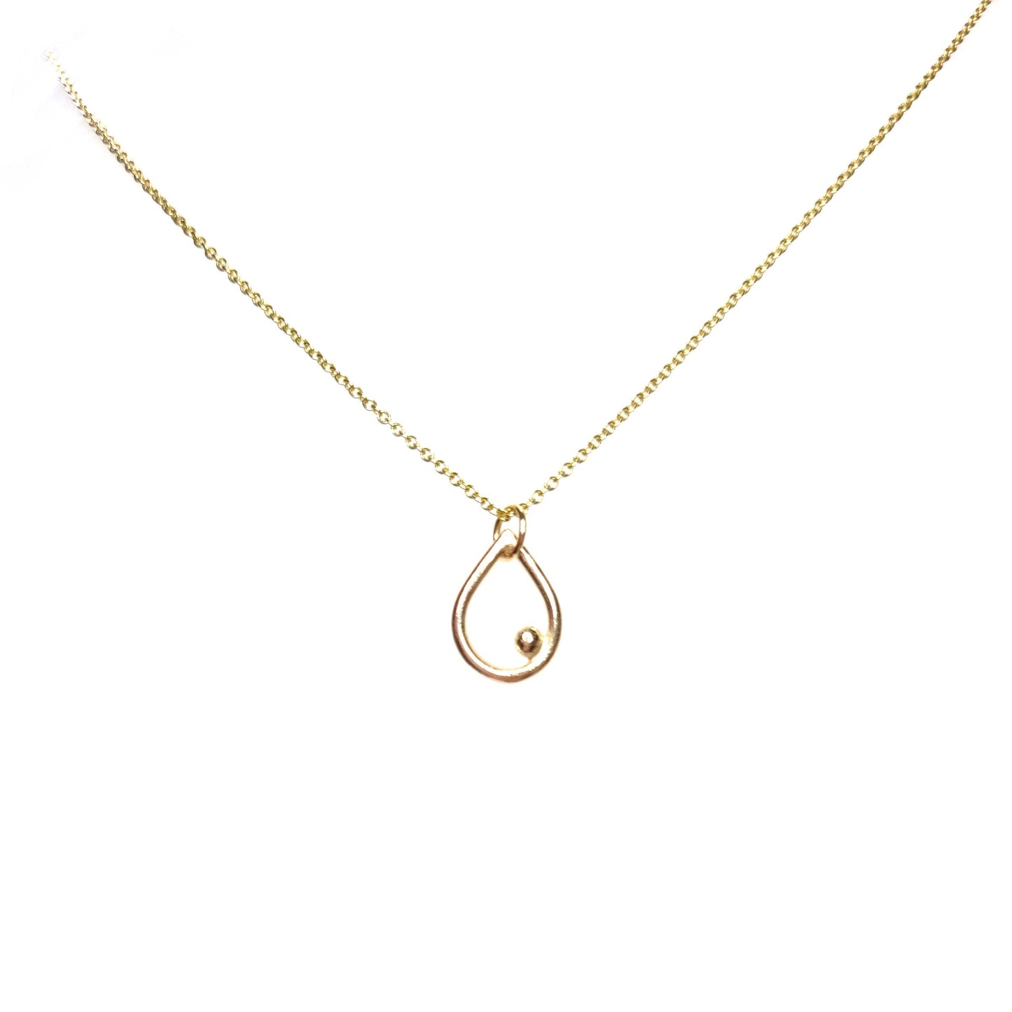 9ct yellow gold open teardrop pendant with off-centre ball on chain