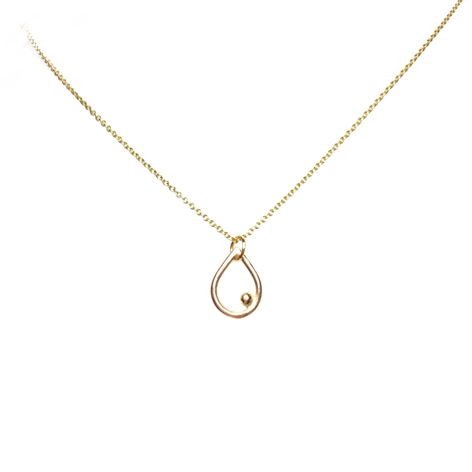 9ct yellow gold open teardrop pendant with off-centre ball on chain