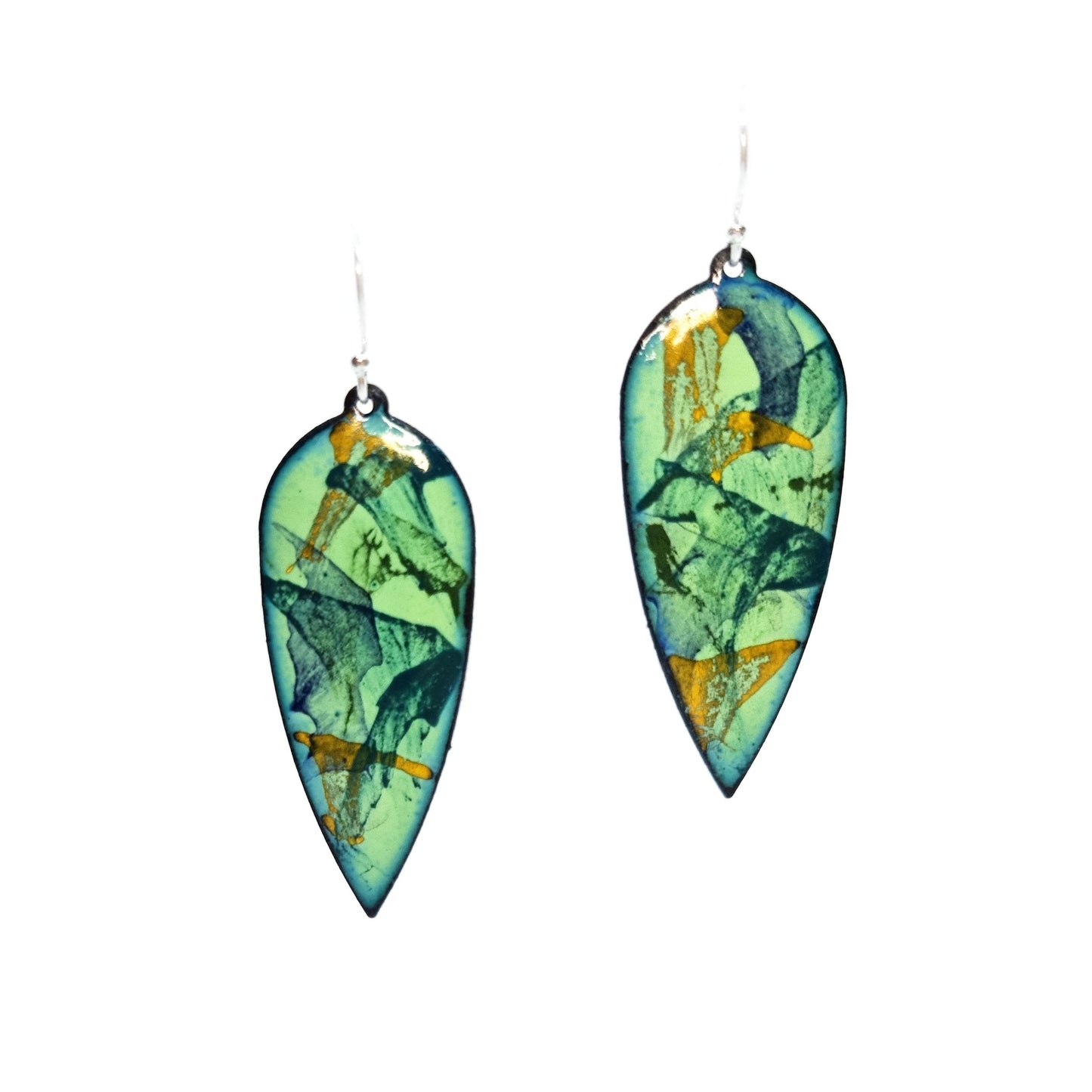 Large teardrop-shaped enamel drop earrings with splashes of dark blue, green and yellow on a light green background