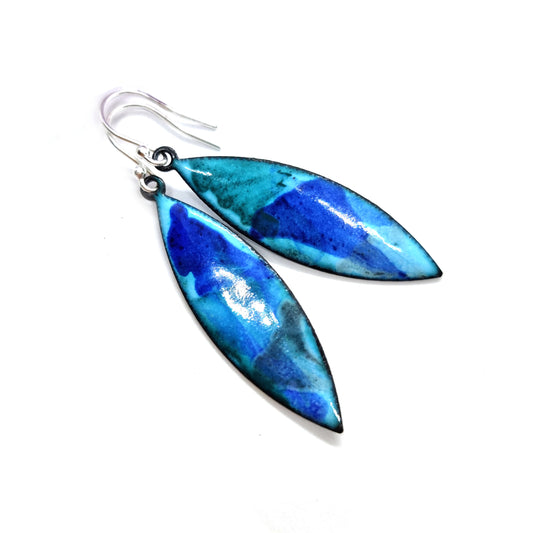 Navette shaped blue enamel drop earrings with splashes of grey and dark blue.