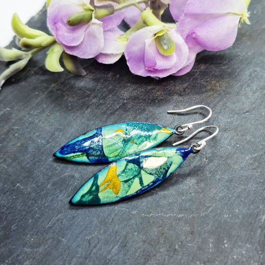 Navette shaped enamel drop earrings in green, blue and yellow with flowers
