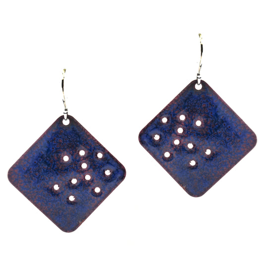 Square blue enamel drop earrings with cut out holes and silver ear hooks. Handmade. Mijoux Jewellery.