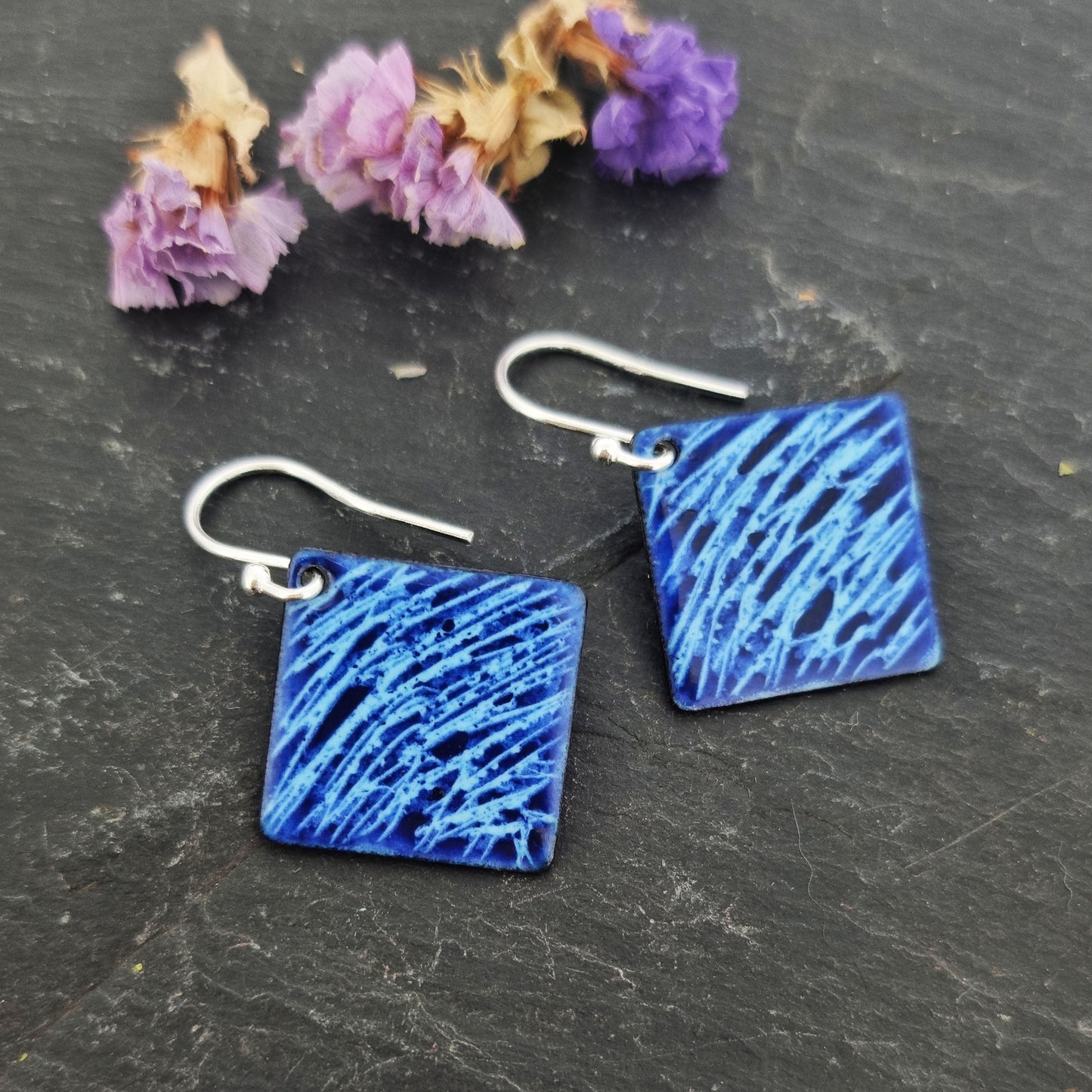 Blue enamel Firework square drop earrings