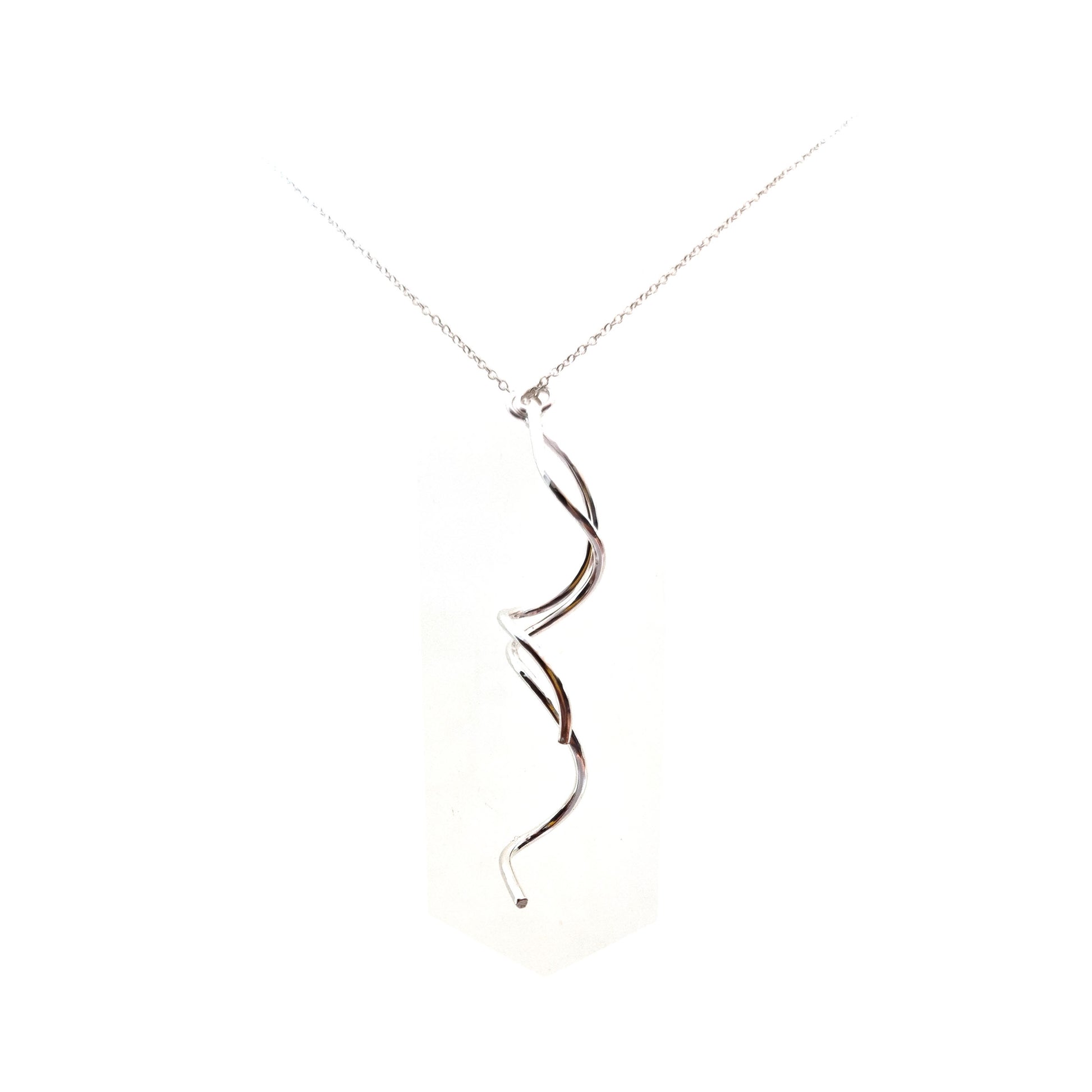 A silver twist pendant with 2 strands intertwined suspended from a silver chain.