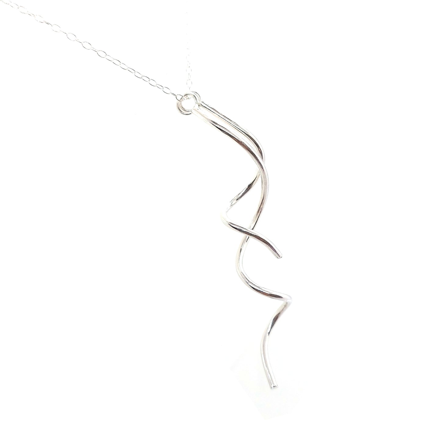 A silver spiral pendant with 2 strands intertwined suspended from a silver chain.