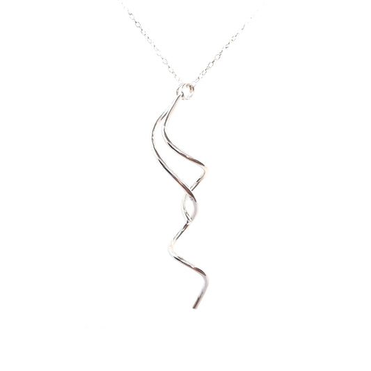 A silver twist pendant with 2 strands intertwined suspended from a silver chain.