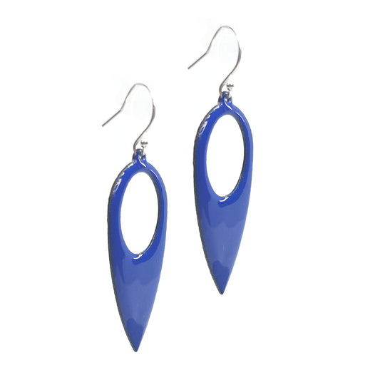 Large teardrop-shaped dark blue enamel drop earrings with a cut out circle.